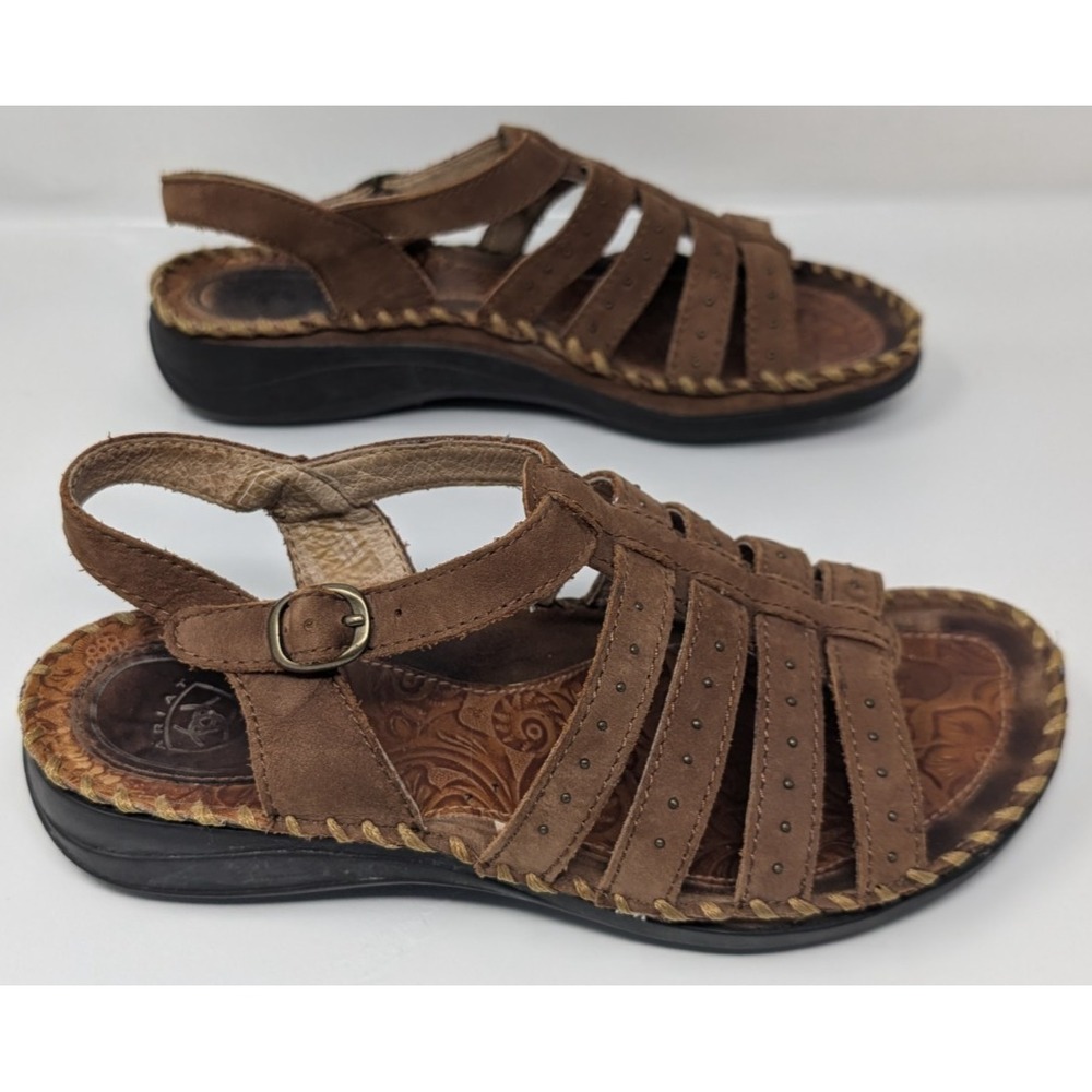 Women's ARIAT Brown Leather Strappy Ankle Strap Sandals Size 6.5 B